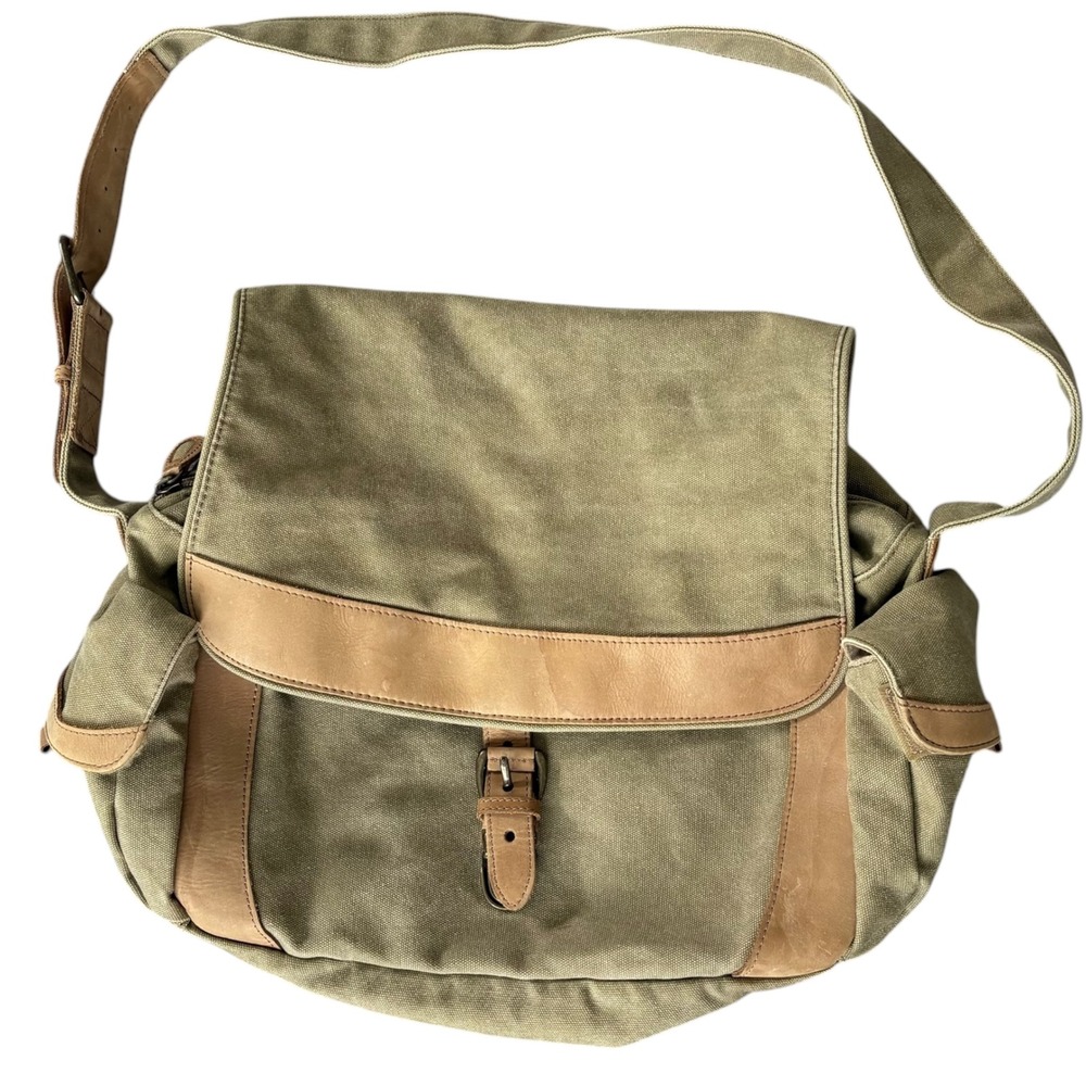 LL Bean Canvas Messenger Bag Olive Green Leather Trim Crossbody Heritage Granola